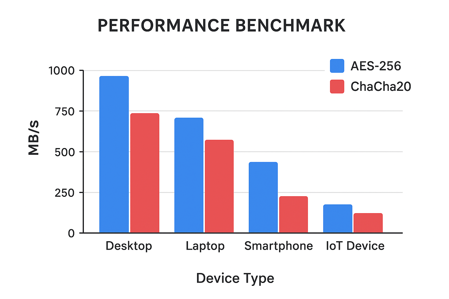 Performance benchmark comparison chart showing AES-256 vs ChaCha20 across different device types]